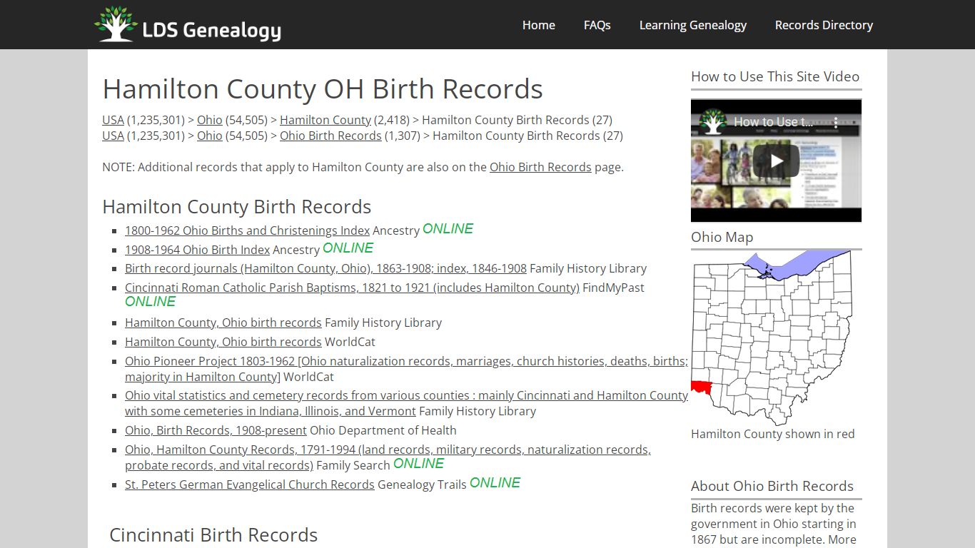 Hamilton County OH Birth Records - LDS Genealogy